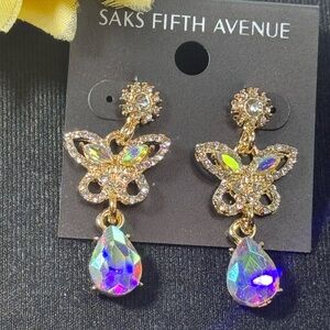 Exquisite Saks Fifth Avenue Butterfly AB Crystal Dangle Statement Earrings